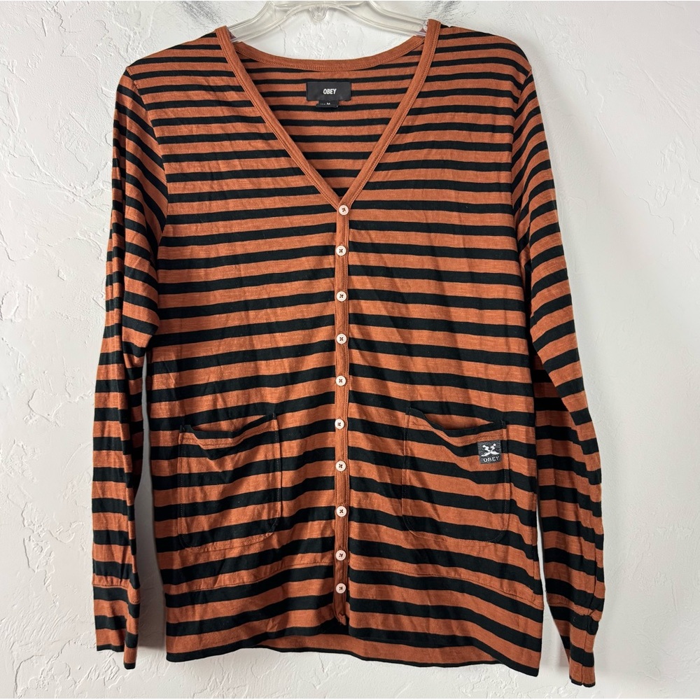 VTG Y2K Obey Cardigan Sweater Knit Striped V Neck Button Down Brown Black Cotton